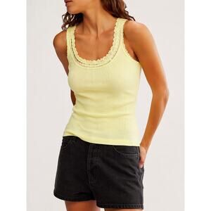 NEW Free People Intimately Only You Yellow Pointelle Lace Trim Ribbed Tank Top
